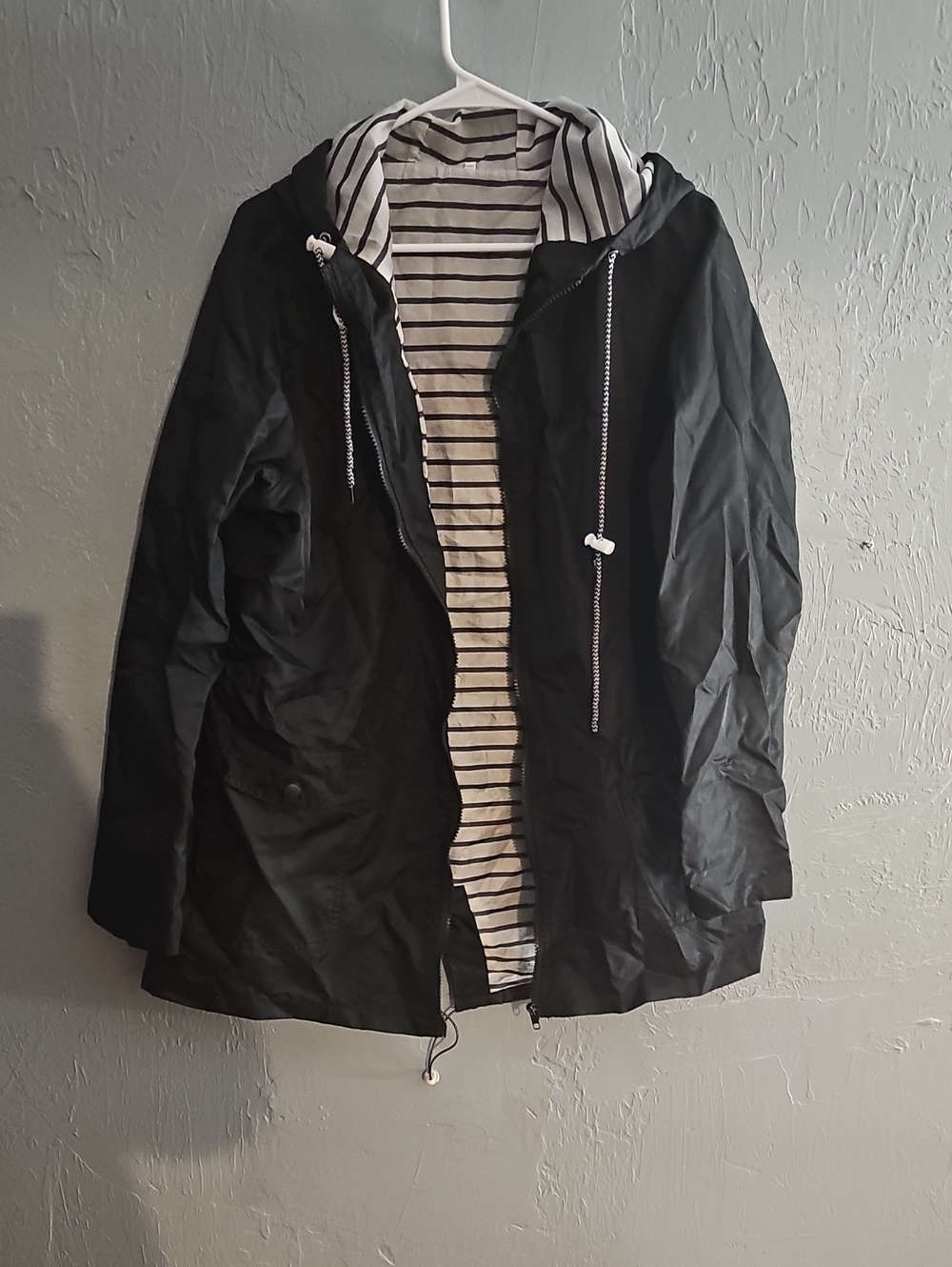 Womens Black Hooded Raincoat with Striped Lining
